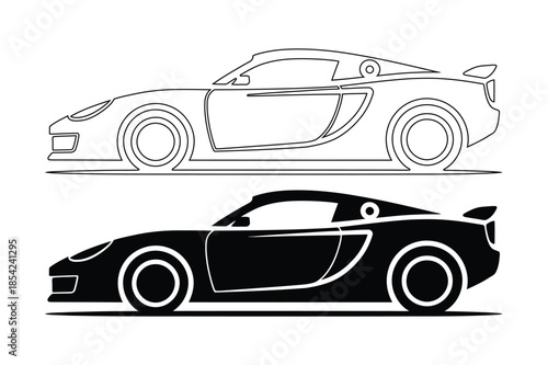 Modern Sport Supercar Silhouette and Outline Vector Illustration
