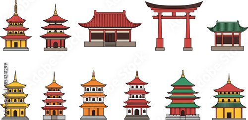 Asian temple and pagoda icons set featuring traditional Chinese Japanese architecture flat vector illustration design style cultural landmarks collection detailed