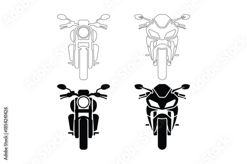 Front View Motorcycle Line and Silhouette Icon Set