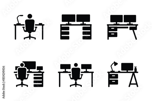 Workspace and Professional Office Desk Silhouette Icon Set