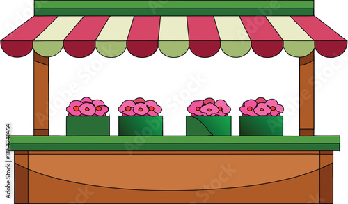 Charming flower stand illustration with colorful striped awning and vibrant pink floral arrangements displayed for sale