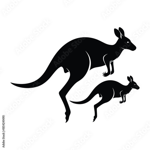 Two black kangaroos silhouetted against a white background, one larger than the other