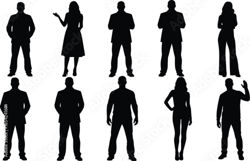 Business people silhouette set with men and women standing in professional poses isolated on white background vector illustration design