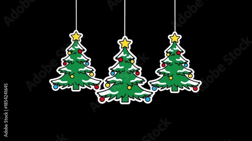 Cute green Christmas tree decorations hanging on strings, appearance and disappearance loop on black background