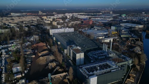 Data center building server cooling infrastructure. Magic aerial view drone