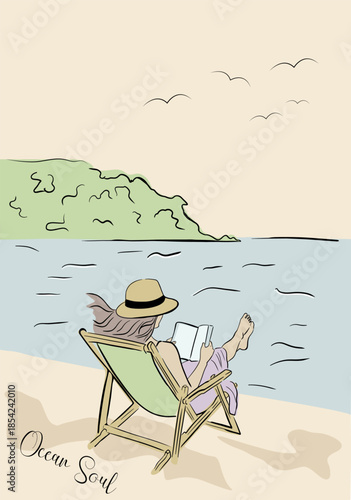 Mediterranean landscape A girl in a deck chair sits on the ocean shore and reads a book Vector illustration is perfect for interior design, prints, gift wrapping, restaurant menus, and much more