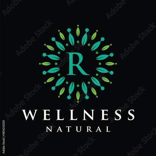 Initial letter R alphabet wellness, green, leaves, natural, health, organic, logo design, circle leaf nature graphic icon vector template