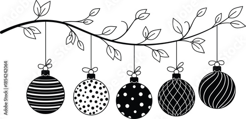 Christmas ornament line art illustration with hanging decorative baubles on tree branch minimal black and white festive holiday design