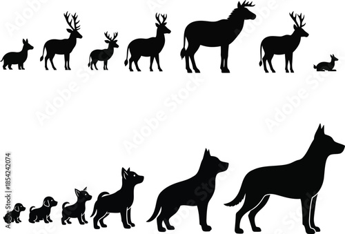Silhouette of deer and dog family with varying sizes and ages in two horizontal rows
