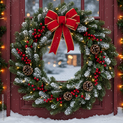 christmas wreath with red ribbon