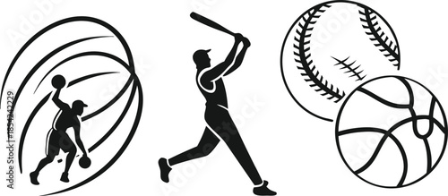 Basketball Player Baseball Player and Sports Balls Vector Graphics Keywords: basketball, player, dribbling, action, motion, baseball, player