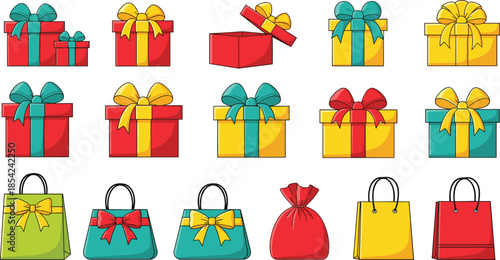 Colorful gift box and shopping bag collection with ribbons and bows festive packaging set isolated on white background vector illustration