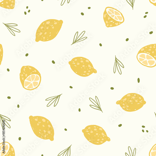 Cute simple hand drawn lemons with plant elements seamless pattern. Citrus fruit summer background. Mediterranean vibes minimalist sketched lemons vector pattern.