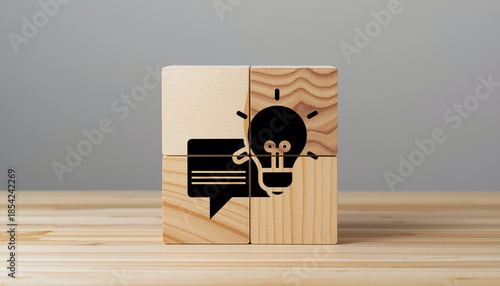 Business strategy from customer feedback and suggestion concept. Customer centric. Team brainstrom and strategy planning. Wooden cube with feedback, idea, strategy symbols on grey backaground. Banner