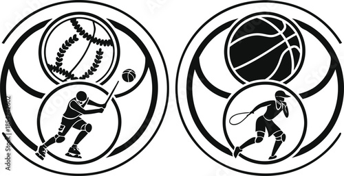 Sports Emblems Featuring Baseball Hockey Basketball and Tennis Players vector illustration