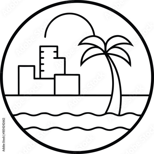 Beach City Skyline Flat Vector Illustration on White Background