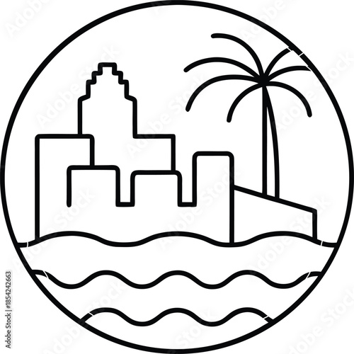 Beach City Skyline Flat Vector Illustration on White Background