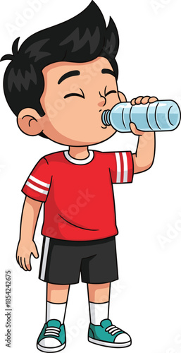 Cute boy cartoon character drinking water from bottle healthy hydration concept child lifestyle illustration isolated on white background vector design