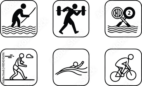Sports Icons Set with Fishing Weightlifting Magnifying Glass Running Swimming Cycling Keywords: sports, icons, set, fishing, rod, fish