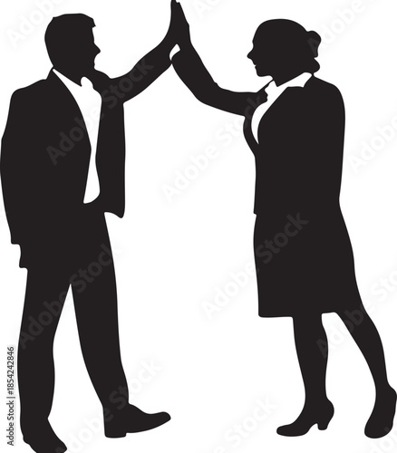 A man and a woman in business attire enthusiastically high five, celebrating a shared success or agreement