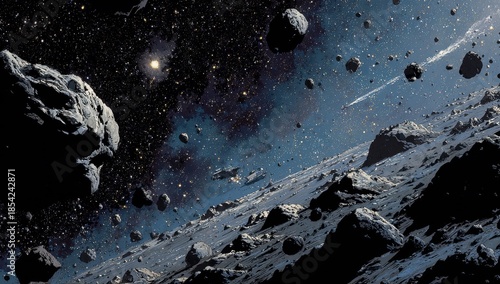 Dramatic Asteroid Field with Rocky Debris and Bright Star in Dark Cosmic Sky.