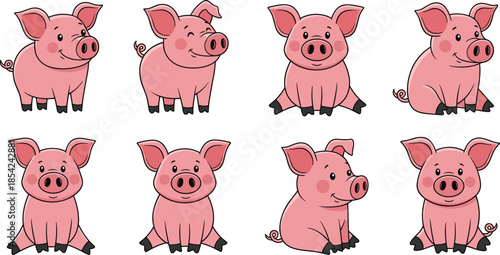 Cute cartoon pig character set with different facial expressions and sitting poses adorable farm animal mascot isolated on white background vector illustration