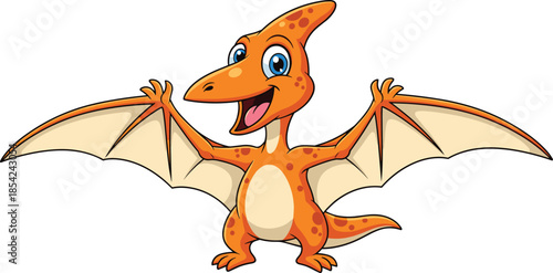 Cute cartoon pterodactyl dinosaur character with open wings smiling friendly prehistoric flying animal mascot isolated on white background vector illustration