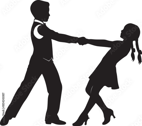 Black silhouettes of a young boy and girl performing a coordinated and elegant dance routine