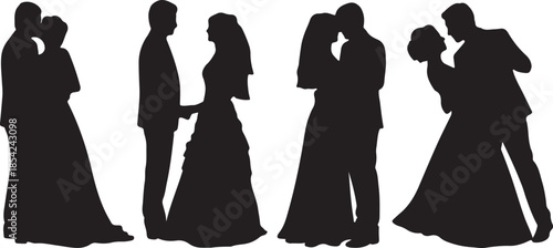 Elegant black silhouettes of brides and grooms celebrating their special wedding day together