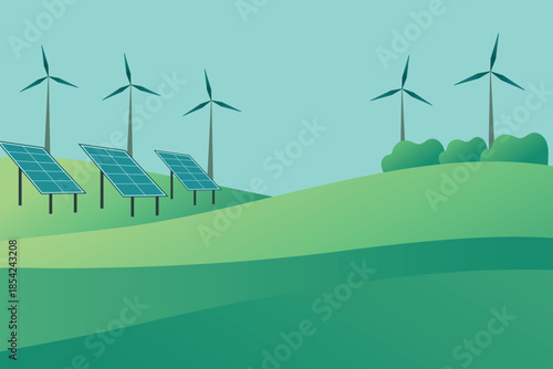 Vector landscape of a green meadow, sky, wind turbines, and solar panels. Eco-friendly environment.