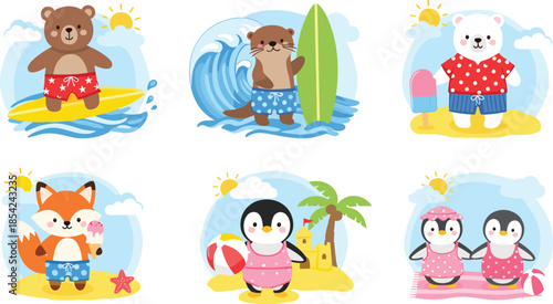 Cute summer beach animal cartoon collection with bear otter penguin fox surfing swimming enjoying vacation isolated on white background vector illustration