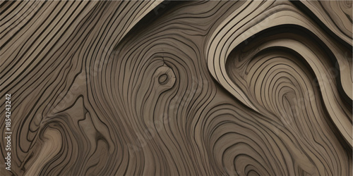 A brown wooden texture background features a circular swirl pattern and natural grain lines on a textured tree surface for an artistic wallpaper design