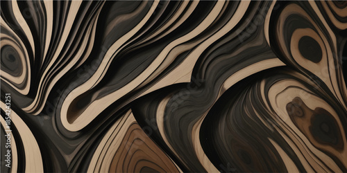 Black and white background pattern on a wall featuring a wavy liquid texture with gold and chocolate brown silk flow swirls in a metal art illustration