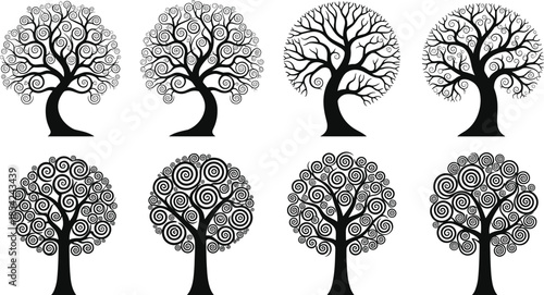 Decorative tree silhouette collection with swirling branches and abstract organic shapes isolated on white background artistic flat vector illustration set