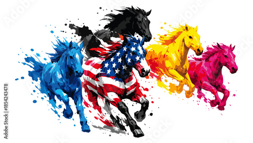 Running Horses with USA Flag Paint Splash, Dynamic Patriotic Abstract Illustration, horse, running horses, galloping horse, usa flag horse, american flag, patriotic art, freedom concept,