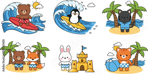 Cute summer beach animals illustration set featuring surfing bear penguin fox bunny seaside vacation cartoon flat vector icons