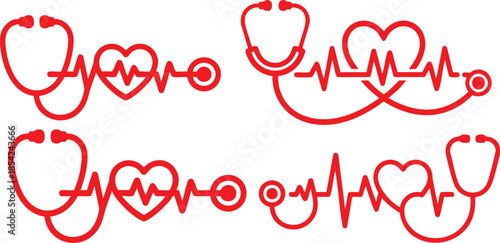 Red heartbeat line collection with heart symbol, cardiology, medical pulse, ECG, EKG design, healthcare clipart vector illustration, health monitoring, digital heartbeat graphics