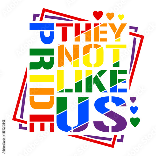 LGBTQ Pride rainbow streetwear t-shirt design with stencil typography and hearts.
