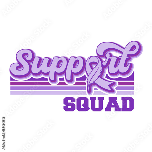 Vintage Support Squad typography with purple awareness ribbon and retro stripes.