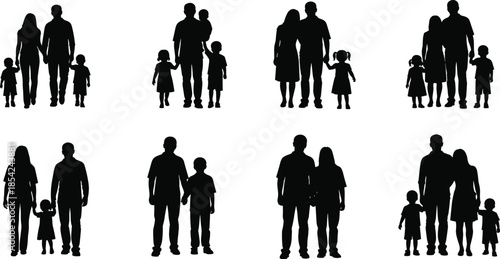 Family silhouette set with parents and children standing together in various poses isolated on white background vector illustration design