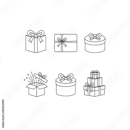 A set of gift boxes and presents tied with ribbons, perfect for celebrations, holidays, and gifting. Images convey joy, surprise, and festive atmosphere suitable for holiday campaigns and gifts.