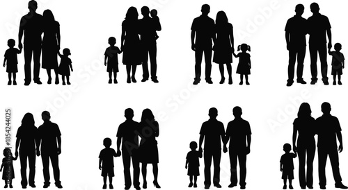 Family silhouettes collection showing parents children couples and diverse households standing together isolated on white background flat vector illustration