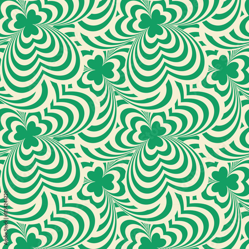Seamless Op Art Pattern with Swirling Green Shamrocks and Abstract Curves. Groovy retro 60s, 70s floral pattern. Lucky clover background. Saint Patrick's Day seamless pattern. 