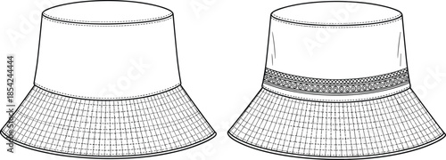 Front and back bucket hat technical sketch fashion accessory apparel cad drawing flat vector illustration design with stitching details pattern