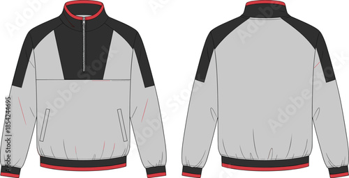 Front and back half zip color block jacket technical sketch sporty outerwear cad drawing flat vector illustration design