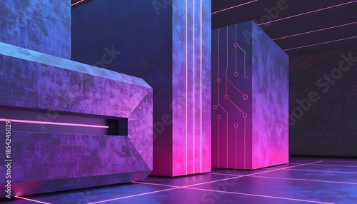 neon lit concrete blocks with pink and blue lights