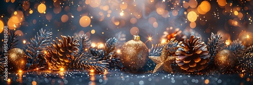Panoramic Christmas Decoration with Golden Ornaments and Pinecones