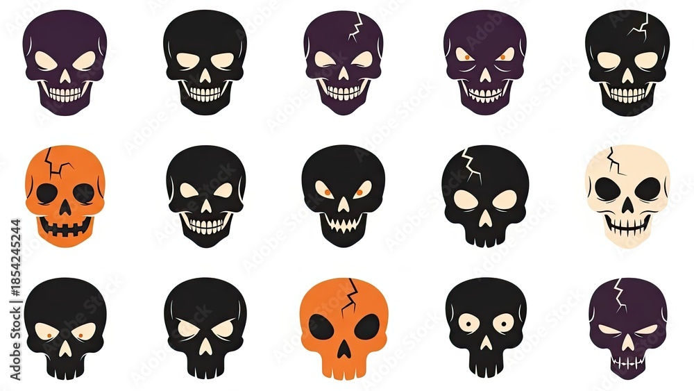 Obraz premium Collection of Spooky Cartoon Skulls, Halloween Icons, Scary Faces
