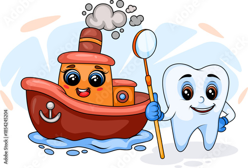 Cute cartoon tooth character with dental mirror and smiling tugboat, kids dental care