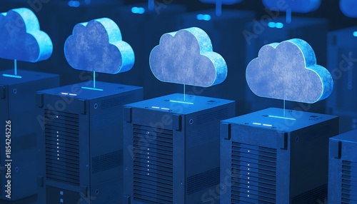 servers with cloud computing symbols on top  data storage